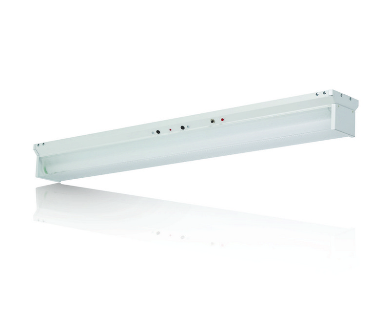 Compact, bi-level, ultrasonic stairwell fixture available with 1 lamp T5 or T8.